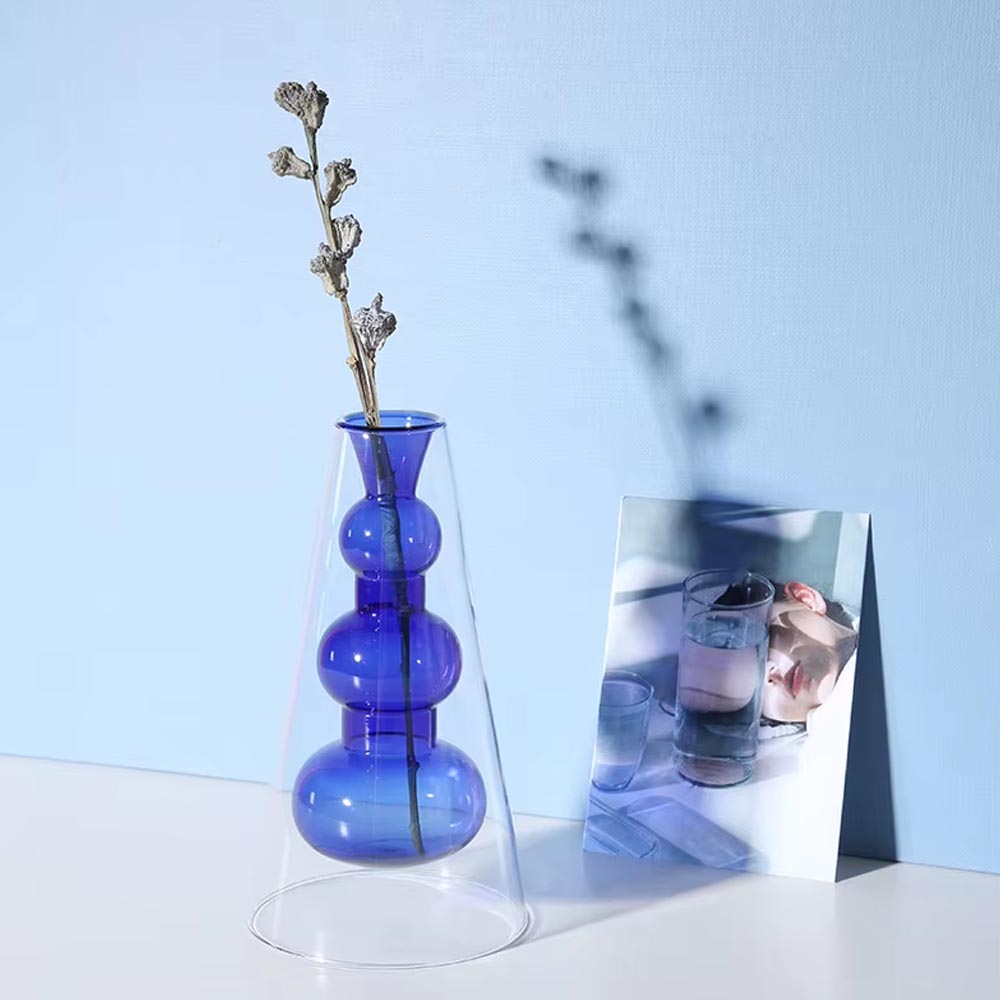Florero moderno de vidrio transparente y azul 20cm